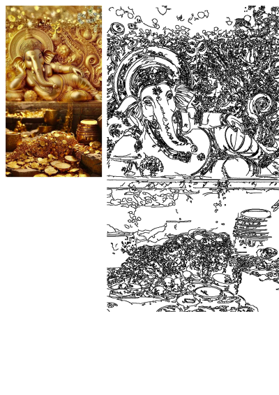 Golden Ganesha lying on a mountain of gold coins and money. Represents prosperity and wealth with hindu god symbol of luck.