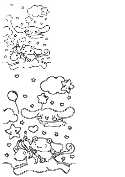 Coloring page featuring a cartoon unicorn with Cinnamoroll riding on its back, stars, clouds, hearts and balloon in the background.
