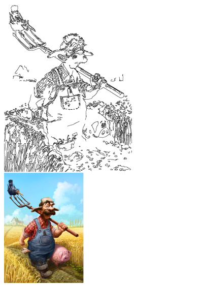 Painting of a whimsical farmer with a pig and bird perched on a pitchfork in a wheat field. Cartoon illustration full of character.