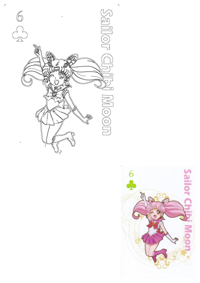 Sailor Chibi Moon playing card. Anime character with pink hair in a purple outfit. This card is the 6 of clubs, holding a green shamrock.