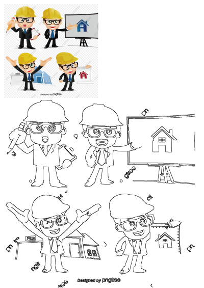 Cartoon construction workers in various poses, including men holding a hammer, pointing, and working on house plans. Architecture and design.