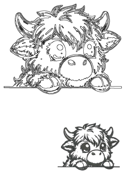 A cute little highland cow, daydreaming, rendered as a cartoon sketch. Perfect for animal paintings, cartoon drawings, or cow wallpaper.