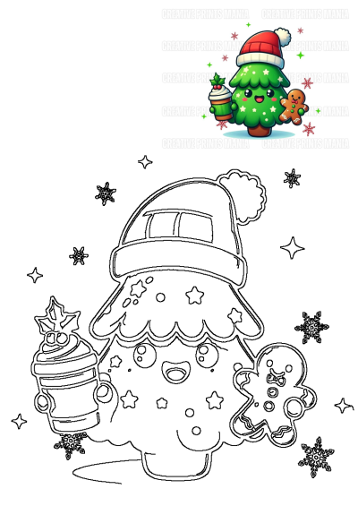 a cartoon christmas tree with a santa hat holding a cup and a teddy bear next to it