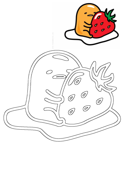 Cute drawing of Gudetama, the lazy egg cartoon character, hugging a big, red strawberry on a plate. A playful image of unlikely food friends.
