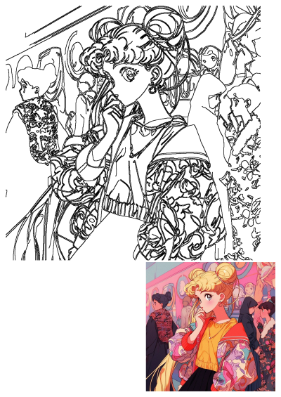 Image features an anime character with blonde hair and blue eyes, reminiscent of Sailor Moon, wearing modern clothes against a bustling street backdrop.