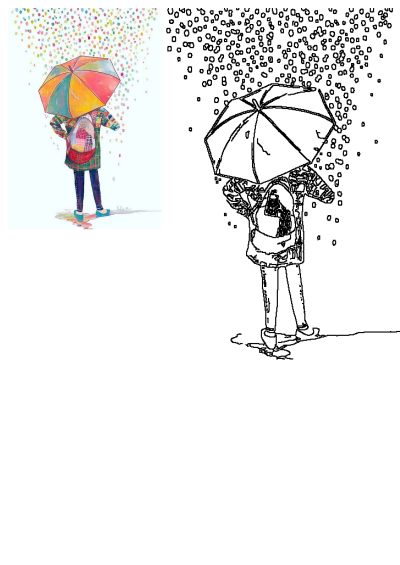 Drawing of a person holding a colorful umbrella with confetti coming out. Artwork symbolizes happiness and celebration. 