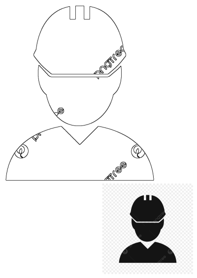 Black and white icon of a construction worker or engineer wearing a hard hat with glasses resting on top of their head. Symbol of safety and construction.