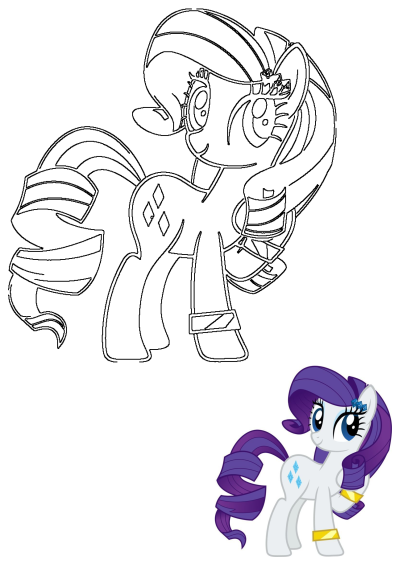 Illustration of Rarity, a My Little Pony character with purple hair, blue eyes, and gem cutie marks, standing in front of a white background.
