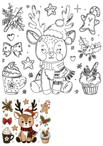Cute Christmas reindeer with Santa hat and scarf, surrounded by festive holly, gingerbread, stars, bow, hot chocolate, and cupcake.