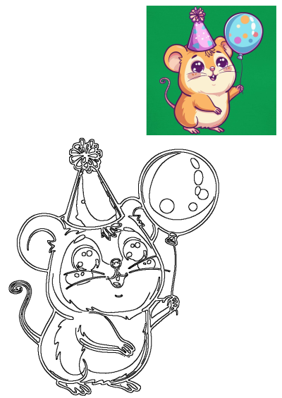 Cartoon image of a cute mouse wearing a party hat and holding a balloon. Great for birthday invitations and party decorations.