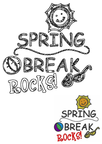 Image displays the words 'Spring Break Rocks!' with beach ball, sun, and sunglasses. The words spring break rocks are in red, yellow and blue letters.