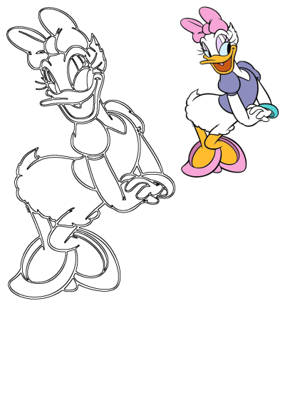 Illustration of Daisy Duck, the classic Disney character. She is wearing a pink bow and a blue bracelet.