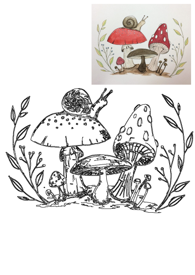 Watercolor illustration featuring various mushrooms, including red toadstools with a snail on top. Whimsical fungal landscape. 