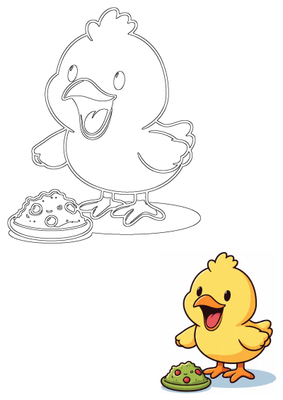 Cute Animals: A happy cartoon chick stands next to a plate of salad. The chick is yellow and the salad is green with red toppings.