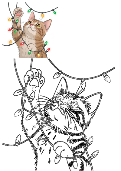 An adorable tabby kitten playfully batting at colorful Christmas lights, presented as a vibrant illustration and a black & white outline.