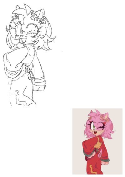 A stylized drawing of Amy Rose in a Chinese dress, she's pink with green eyes, winking with a flower crown on her head