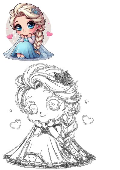 Chibi-style Elsa from Frozen, a sweet design showcasing her blue dress, braided blonde hair and cute eyes with heart designs on the background.