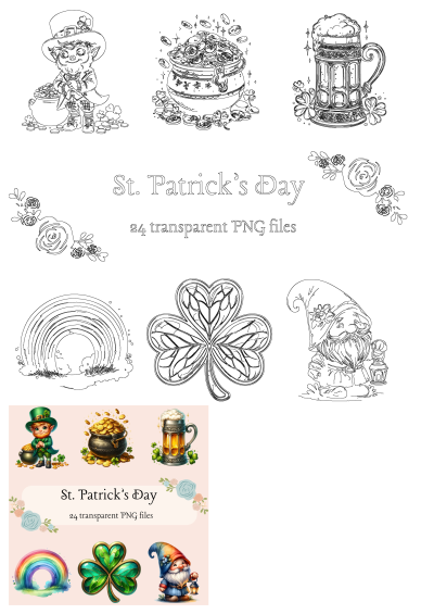 St Patrick's Day clipart with shamrocks, clovers, pot of gold, leprechaun, rainbow, beer. Perfect PNGs for festive designs.