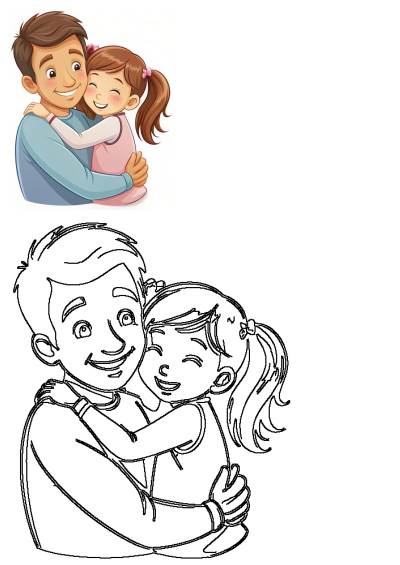 A cartoon illustration of a happy father hugging his daughter on the cheek, showing a heartwarming and loving bond between them.
