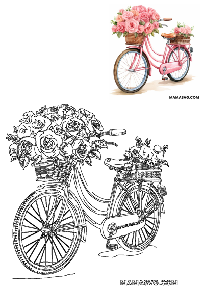 Watercolor illustration of a pink bicycle with baskets full of pink roses. Perfect flower bicycle clipart for creative projects.