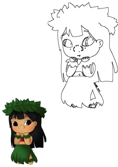 Adorable cartoon image of Lilo from Disney's Lilo & Stitch, wearing a leafy crown and grass skirt with a sweet, innocent expression.