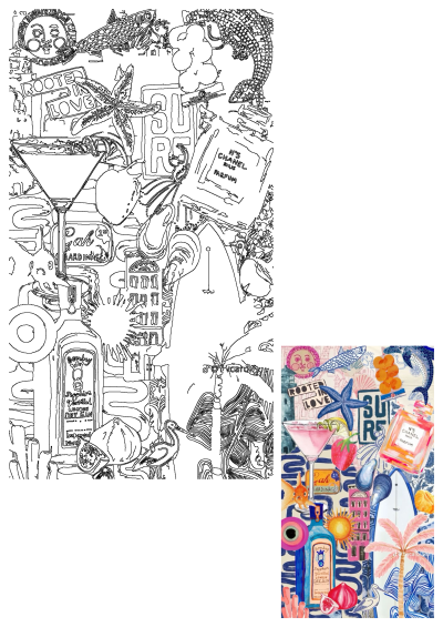 A vibrant painting with various whimsical items including a foreground cocktail, chanel perfume, gin bottle, food and beach themed elements.