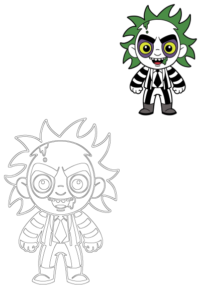 Cartoon illustration of Beetlejuice character. The figure features green hair, striped suit, and signature ghostly pale face with yellow eyes.
