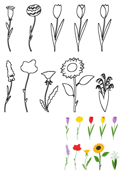 Illustration of different types of flowers and leaves, like sunflowers, daisies, and tulips, isolated on a clean white background, vibrant and charming.