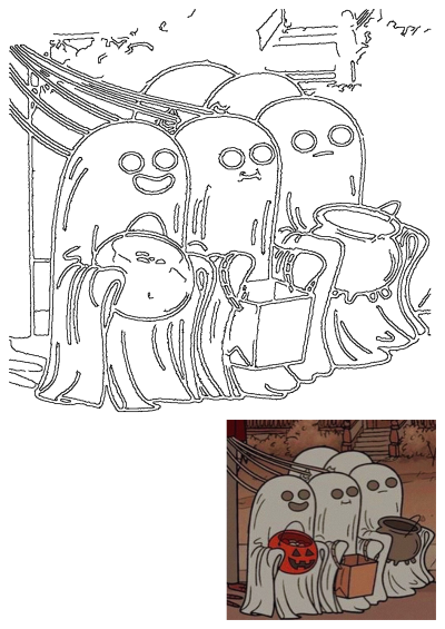 Cartoon image of happy ghosts trick-or-treating, carrying a pumpkin bucket, bag and cauldron for their Halloween candy. Vintage-inspired Halloween art.