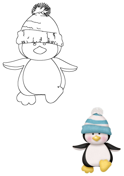 Adorable cartoon penguin with a blue and white striped hat. This cute penguin is sitting down and perfect for winter themes.