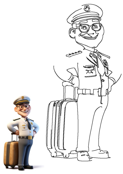 Cartoon image of a smiling airport worker in uniform holding a suitcase. This friendly-looking man is ready for travel.