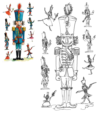 Vibrant Nutcracker ballet characters: a grand soldier in blue, dancers, and more, shown in watercolor and matching outline styles.