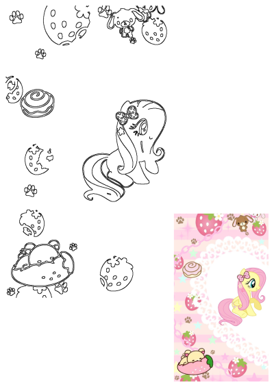 Fluttershy My Little Pony on a kawaii strawberry and pink background with cute characters. This is a sweet wallpaper.