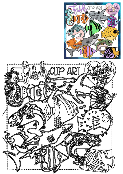 A vibrant collection of cartoon fish clip art featuring sharks, clownfish, seahorse, and more. Image shows a group of fish that are on fish clip art.