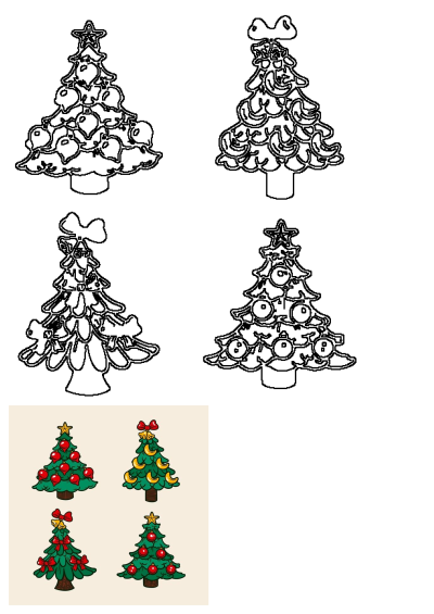 four christmas trees with bows and ornaments on them, each decorated in different colors or shapes