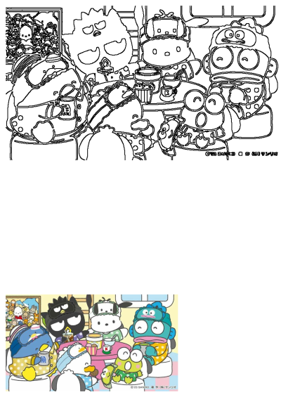 Image of several Sanrio cartoon characters including Tuxedo Sam, Keroppi, Badtz-Maru, Pochacco, and Hangyodon, sitting around a table in pajamas.