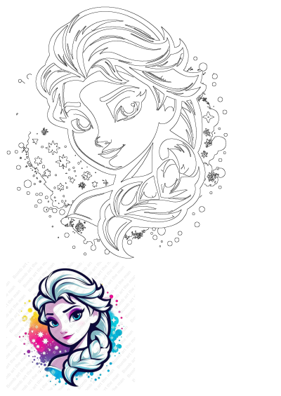 Colorful digital art of Elsa from Frozen, featuring her iconic ice braid and a backdrop of rainbow colors and snowflakes.