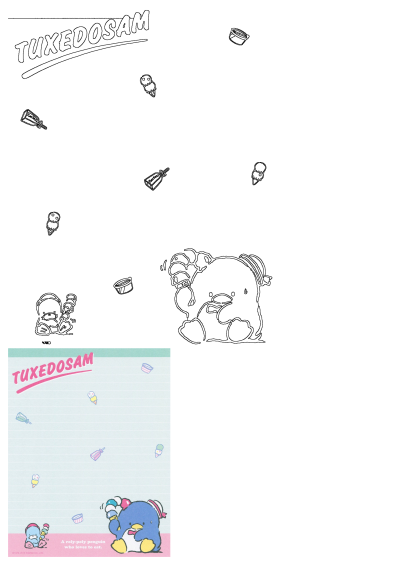 Tuxedosam advertisement featuring a cartoon penguin and other characters in the background. A page of Tuxedosam stationery.