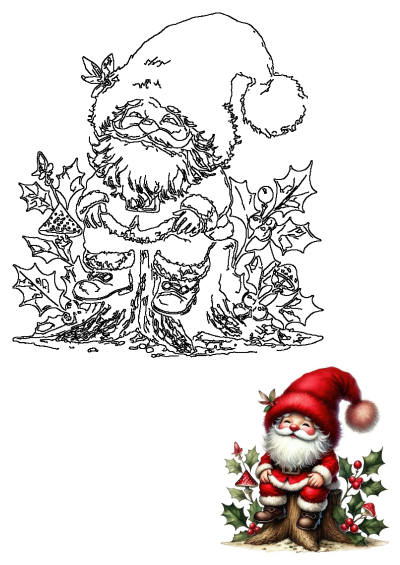 Cheerful Santa Claus illustration, featuring both line art and vibrant color versions, sitting on a tree stump with holly and mushrooms.
