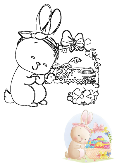 A little bunny is sitting next to an easter basket filled with colorful eggs, flowers and a bluebird. Adorable Easter themed image.