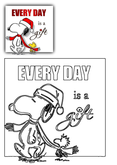 Snoopy and Woodstock, dressed for Christmas in Santa hats and scarves, celebrating 'Every Day is a Gift'. Also features an outline drawing.
