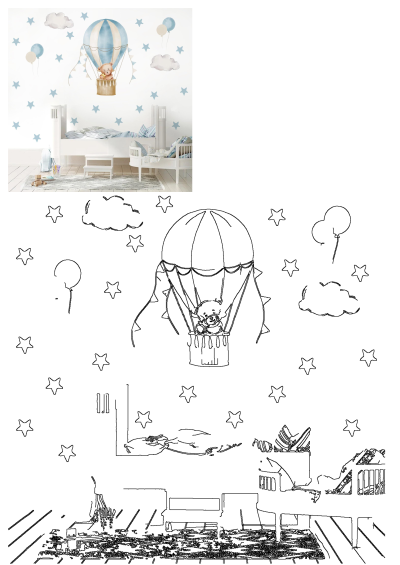 A whimsical child's bedroom decor featuring a hot air balloon with a teddy bear and star wall decals. Cute kids room decoration.