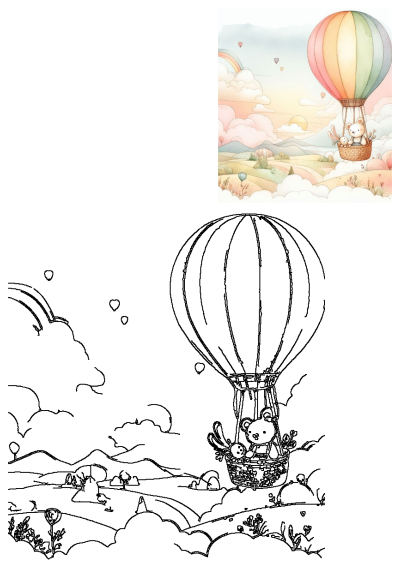 Watercolor illustration of an animal, a teddy bear and a rabbit, in a hot air balloon flying through the sky, with pastel colors and a rainbow.