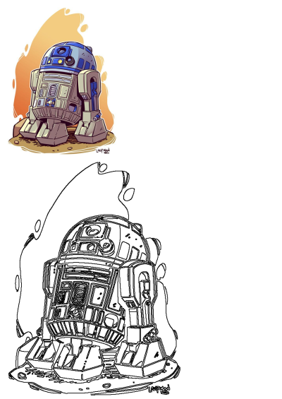 Cartoon drawing of the R2D2 robot from Star Wars, sitting on the ground with its eyes closed, in a resting state. Fan art of a iconic character.