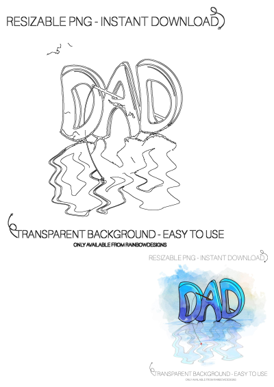 the word dad written in watercolor on a white background with blue and purple colors