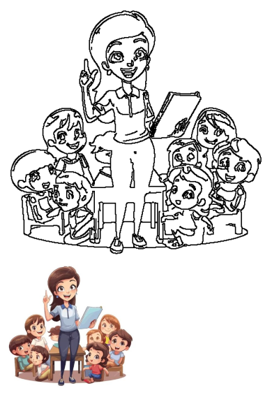 A cartoon of a teacher holding a book, teaching a group of attentive students in a classroom setting. Ideal for education content.