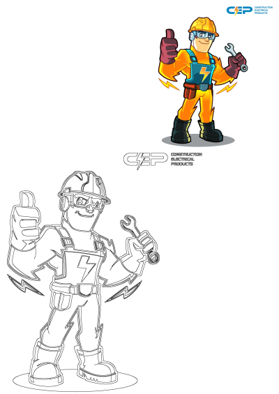 Cartoon character in a hard hat and overall holding a wrench and giving a thumbs up. Mascot for Construction Electrical Products.