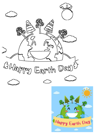 Happy Earth Day illustration. Features a smiling planet Earth with trees, the sun, and a 'Happy Earth Day' banner.