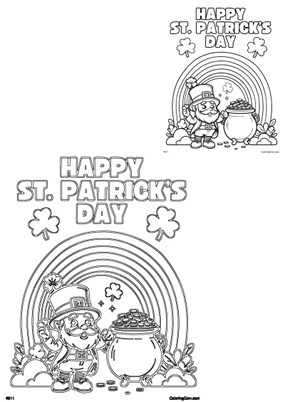 Happy St Patrick's Day coloring page featuring a leprechaun, rainbow, shamrocks and a pot of gold. Fun printable activity for kids!