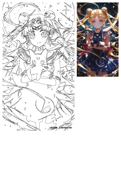 Anime image of Sailor Moon holding a black cat adorned with a crescent moon, with gold streamers surrounding them. A magical and cute moment.